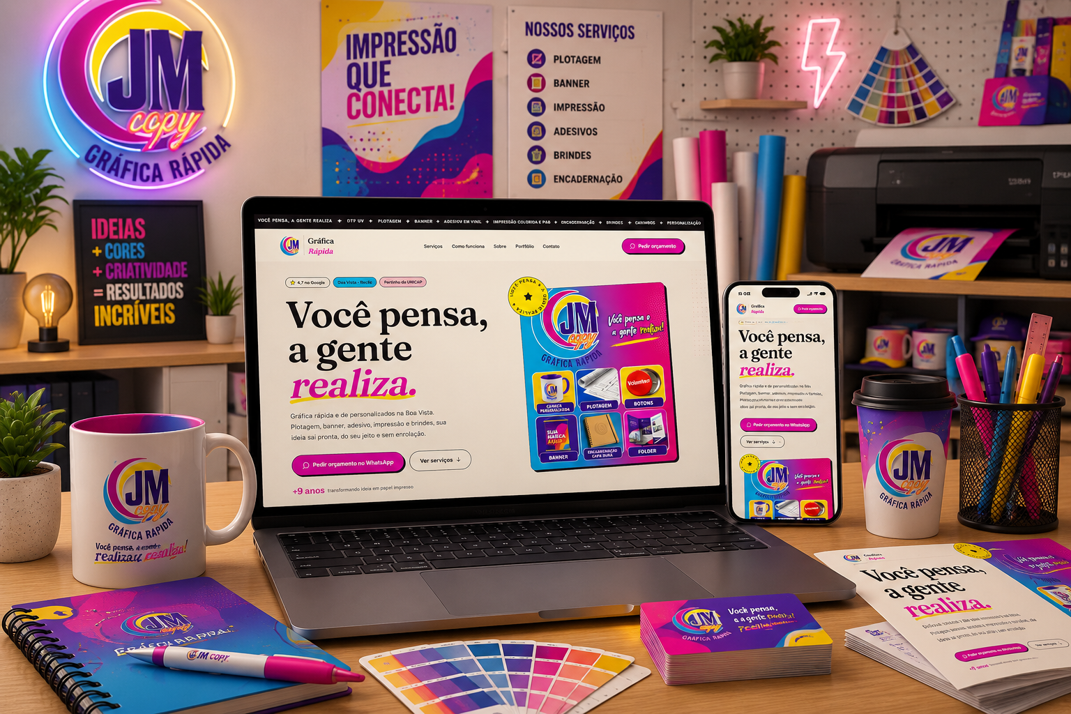 Site da JM Copy exibido em notebook e celular