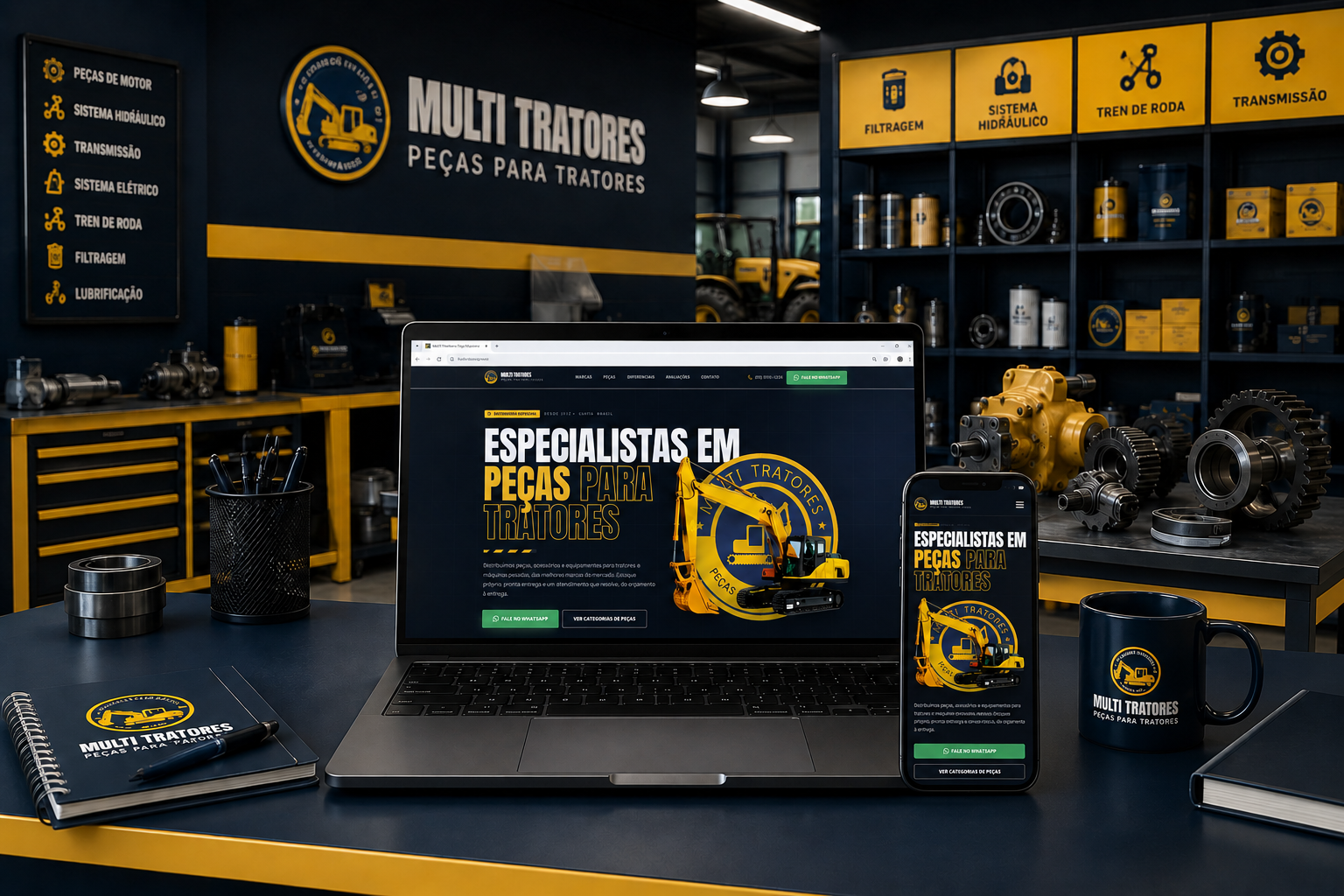 Site da Multi Tratores exibido em notebook e celular sobre a bancada da loja de peças