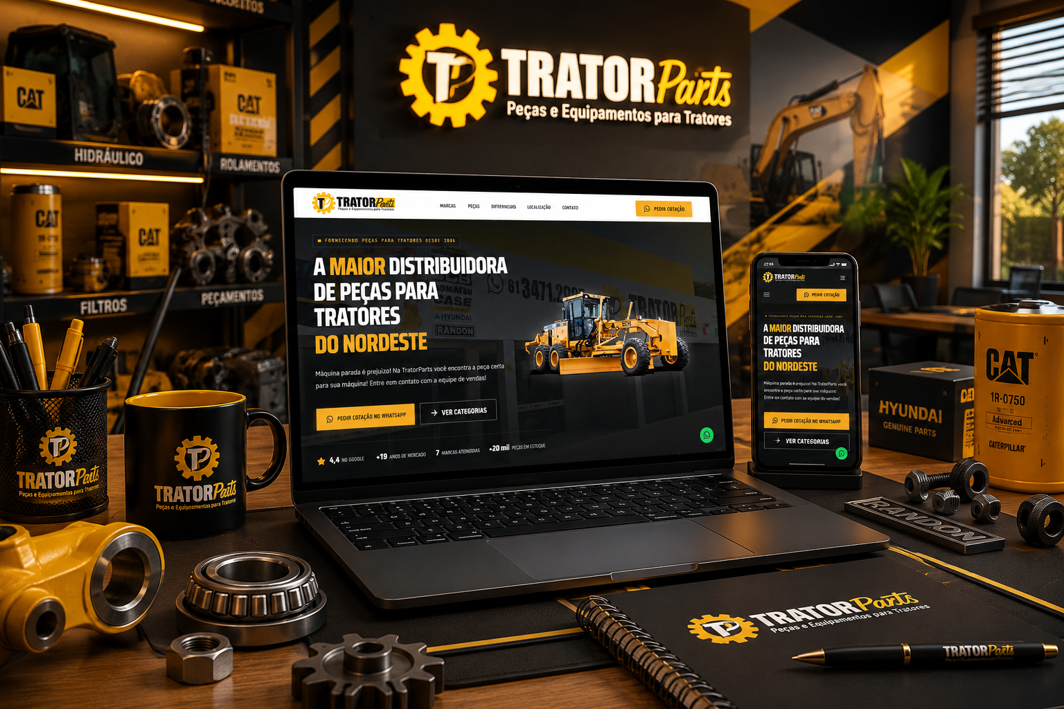 Site da Trator Parts exibido em notebook e celular